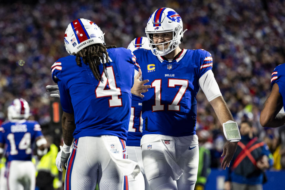 Josh Allen (17), James Cook and the Bills unlocked a new way to win in Sunday's blowout of the Cowboys. (Photo by Lauren Leigh Bacho/Getty Images)