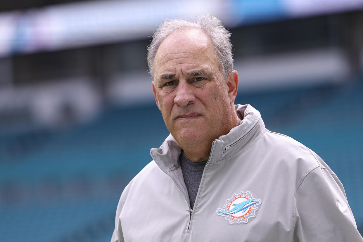 MIAMI GARDENS, FL - OCTOBER 29:  Vic Fangio of the Miami Dolphins arrives prior to an NFL football game against the New England Patriots at Hard Rock Stadium on October 29, 2023 in Miami Gardens, Florida. (Photo by Perry Knotts/Getty Images)