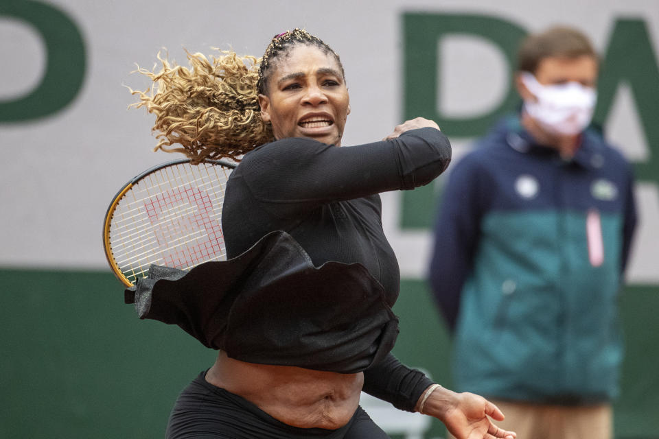 Serena Williams hitting a forehand during the French Open.