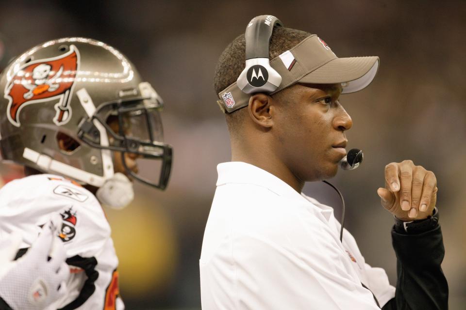NEW ORLEANS - DECEMBER 27:  Head coach Raheem Morris of the Tampa Bay Buccaneers follows the action during the game against the New Orleans Saints at the Louisiana Superdome on December 27, 2009 in New Orleans, Louisiana. (Photo by Jamie Squire/Getty Images)