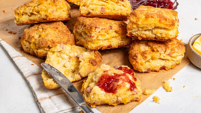 Ham and cheese biscuits with a jam on one of them