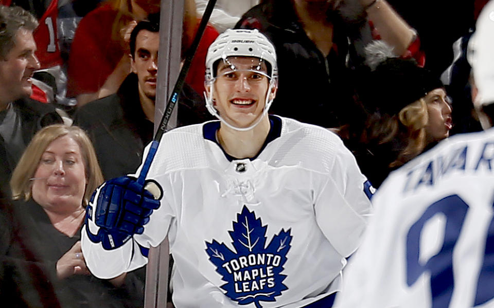 NEWARK, NJ - DECEMBER 27: Ilya Mikheyev #65 of the Toronto Maple Leafs reacts after scoring a goal against the New Jersey Devils during the game at the Prudential Center on December 27, 2019 in Newark, New Jersey. (Photo by Andy Marlin/NHLI via Getty Images)