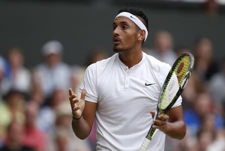 Britain Tennis - Wimbledon - All England Lawn Tennis & Croquet Club, Wimbledon, England - 4/7/16 Australia&#39;s Nick Kyrgios reacts during his match against Great Britain&#39;s Andy Murray REUTERS/Andrew Couldridge