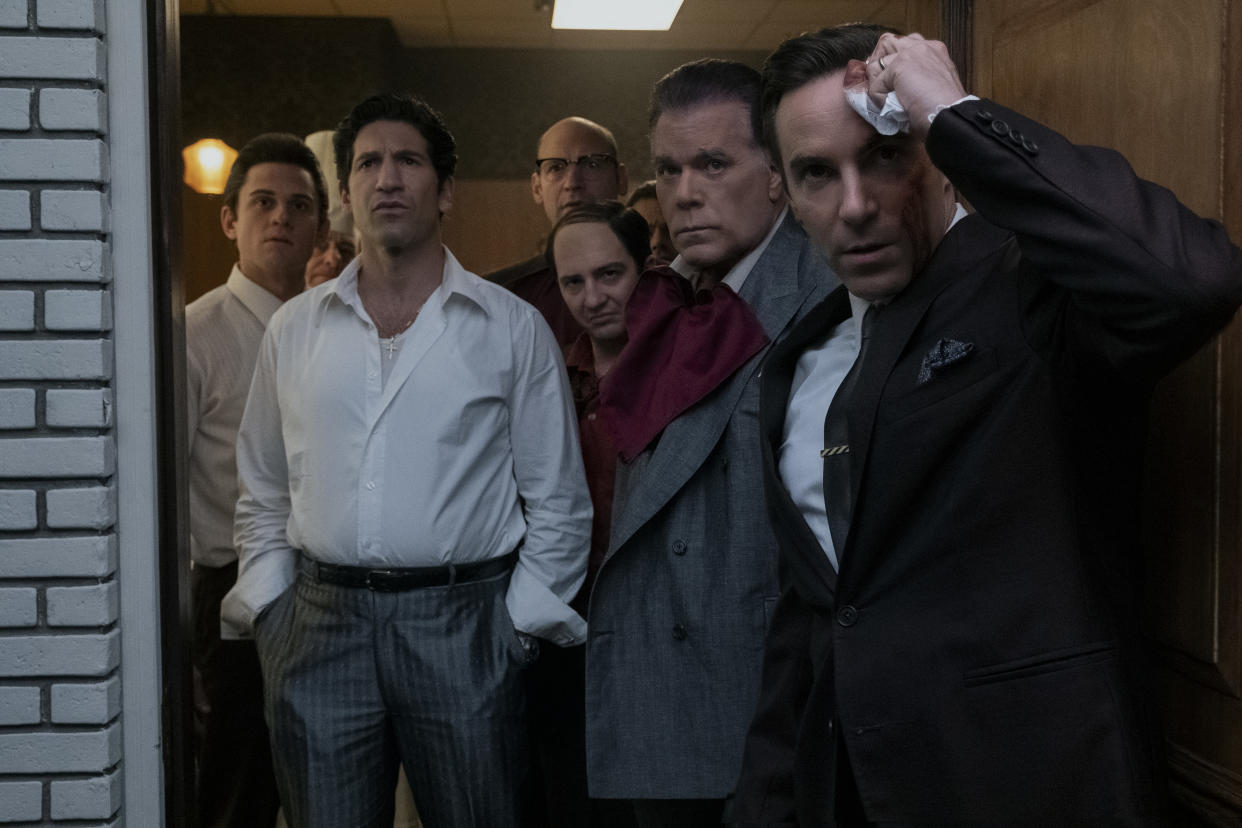 (L-r) Billy Magnussen as Paulie Walnuts, Jon Bernthal as Johnny Soprano, Corey Stoll as Junior Soprano (in back), John Magaro as Silvio Dante, Ray Liotta as “Hollywood Dick” Moltisanti and Alessandro Nivola as Dickie Moltisanti in The Many Saints of Newark (Warner Bros)
