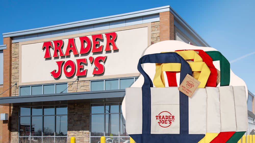 a trader joes building with a collage of its mini tote bags