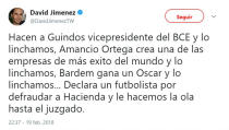 <p>Los principales defensores de la candidatura del español hablan de la injusticia que hay en nuestro país al criticar a los personajes que consiguen el éxito. (Foto: Twitter / <a rel="nofollow noopener" href="https://twitter.com/DavidJimenezTW" target="_blank" data-ylk="slk:@DavidJimenezTW;elm:context_link;itc:0;sec:content-canvas" class="link "><span>@DavidJimenezTW</span></a>) </p>