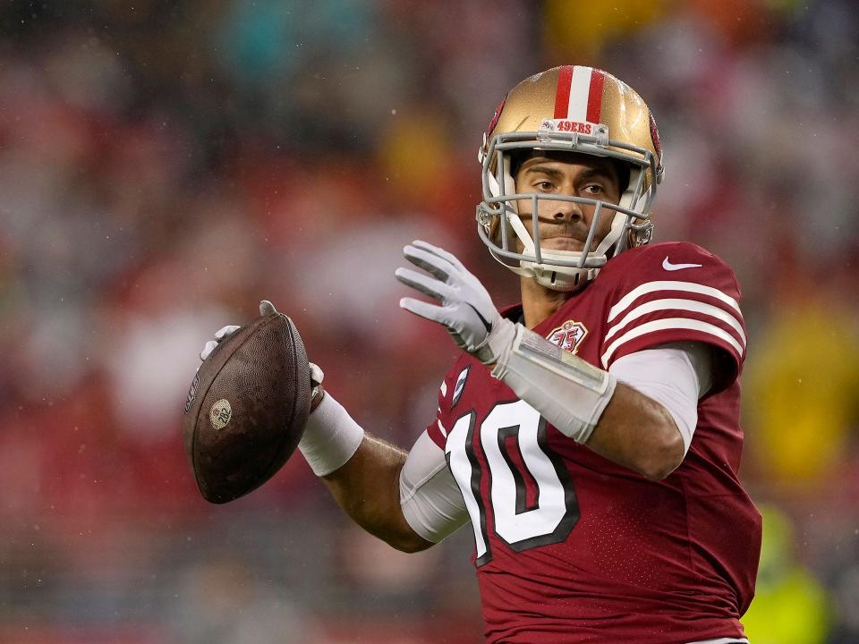 Jimmy Garoppolo makes a throw against the Indianapolis Colts.