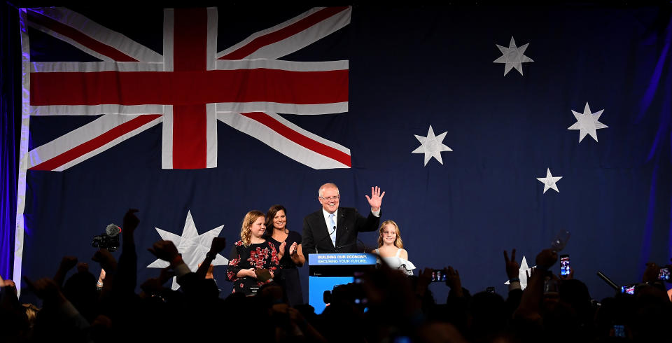 Australia's Prime Minister Scott Morrison with wife Jenny, children Abbey and Lily after winning the 2019 Federal Election, at the Federal Liberal Reception at the Sofitel-Wentworth hotel in Sydney, Australia, May 18, 2019. AAP Image/Dean Lewins/via REUTERS ATTENTION EDITORS - THIS IMAGE WAS PROVIDED BY A THIRD PARTY. NO RESALES. NO ARCHIVE. AUSTRALIA OUT. NEW ZEALAND OUT.