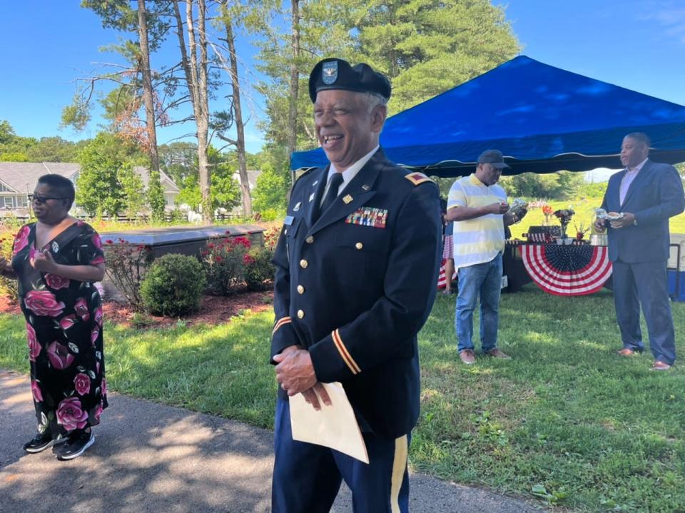 Keynote speaker retired Col. Scott Gaines, a Columbia native, greets attendees of the Memorial Day ceremony at Pinecrest Memorial Gardens in northern Columbia on Monday, May 29, 2023. Gaines served in the military for 35 years and then became an educator in Maury County Public Schools before retiring on 2022.