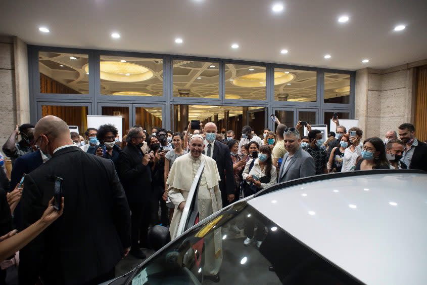 Pope Francis and director Evgeny Afineevsky (in gray suit) at the Vatican, September 6, 2021 - Credit: Courtesy Francesco Docet Production