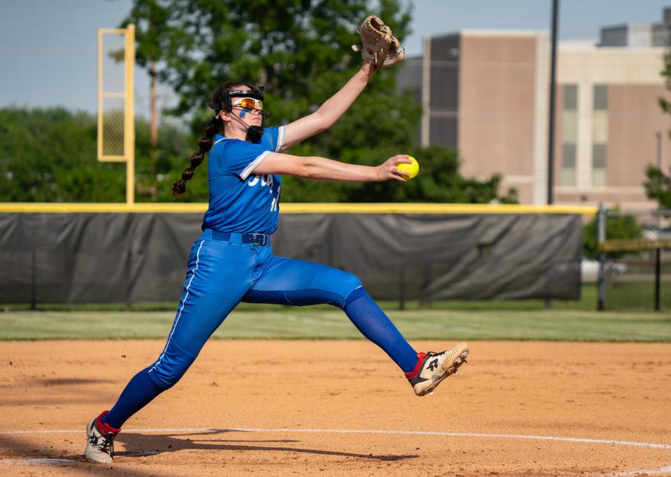 HSE freshman Grace Swedarsky pitches Monday, May 22, 2023, as Fishers takes on HSE in an IHSAA softball sectional at Noblesville High School in Noblesville. HSE beat Fishers 6-3.