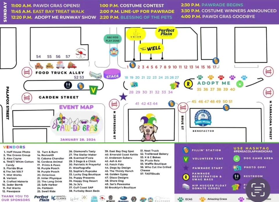 The third annual Pensacola Pawdi Gras map, which covers much of downtown Pensacola from 11 a.m. to 4 p.m. on Jan. 28, 2024. Roads will be closed from 8:30 a.m. to 5:30 p.m.