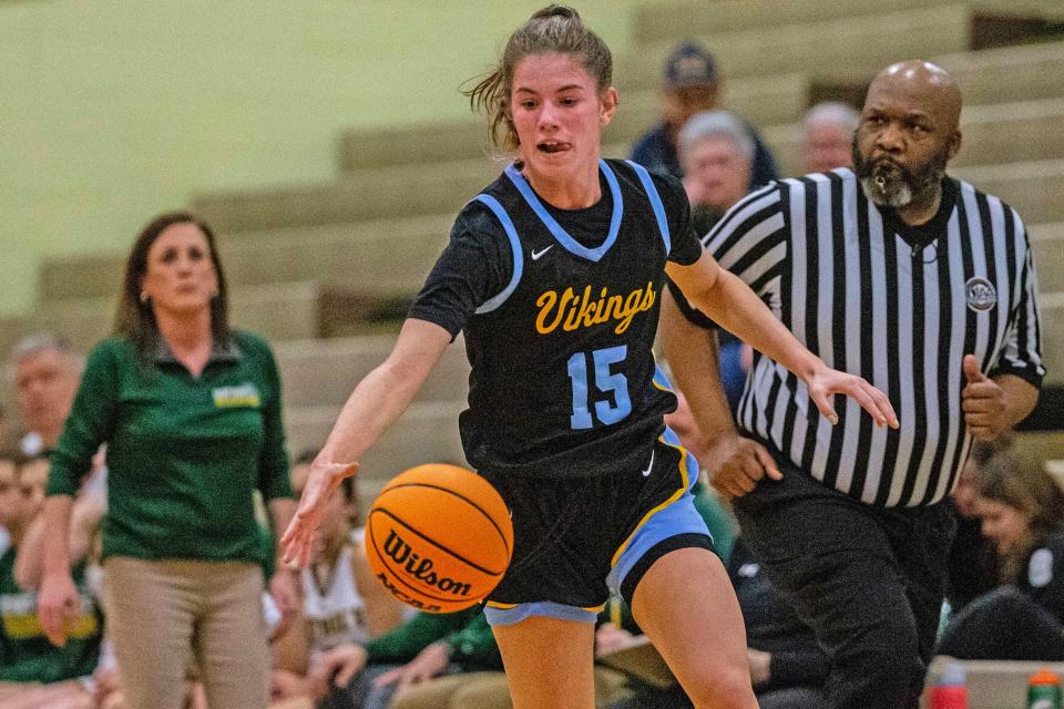 Cape Henlopen sophomore Amalia Fruchtman (15) handles the ball against Saint Mark's during the first-round game in the DIAA Girls Basketball Tournament at Saint Mark's gym in Milltown, Wednesday, Feb. 28, 2024. Saint Mark's won 53.49.