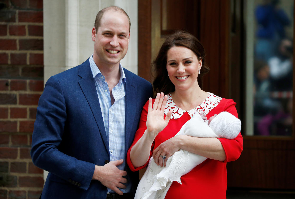 Catherine, the Duchess of Cambridge, and Prince William leave St. Mary's Hospital in London with their new baby boy on Monday. (Photo: Henry Nicholls / Reuters)