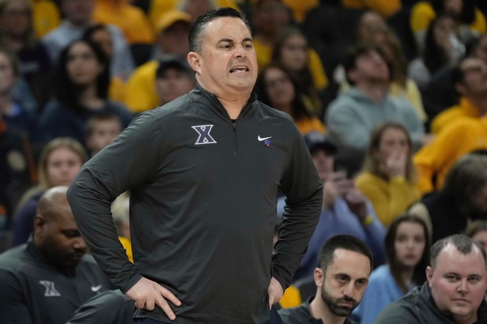 Xavier head coach Sean Miller reacts during the first half of an NCAA college basketball game Sunday, Feb. 25, 2024, in Milwaukee.