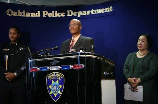 Oakland Police Chief Howard Jordan addresses reporters on April 2. A Korean-American former student at a California religious college lined up his victims and shot them them execution-style, police said Tuesday