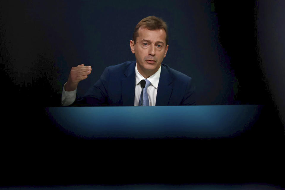 Airbus Chief Executive Officer Guillaume Faury gestures during Airbus' Annual Press Conference, Thursday, Feb. 16, 2023 in Toulouse, southwestern France. Airbus is urging stepped-up European cooperation to ensure the continent's security and future access to space, after a year that saw the planemaker suffer fallout from Russia's war in Ukraine and the crash of a multibillion-euro European rocket. The company on Thursday reported a record overall 2022 profit of 4.25 billion euros. (AP Photo/Frederic Scheiber)