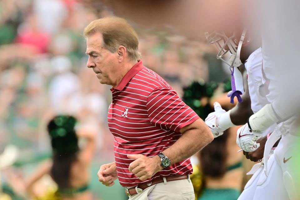 Alabama coach Nick Saban before Saturday's win over South Florida. (Julio Aguilar/Getty Images)