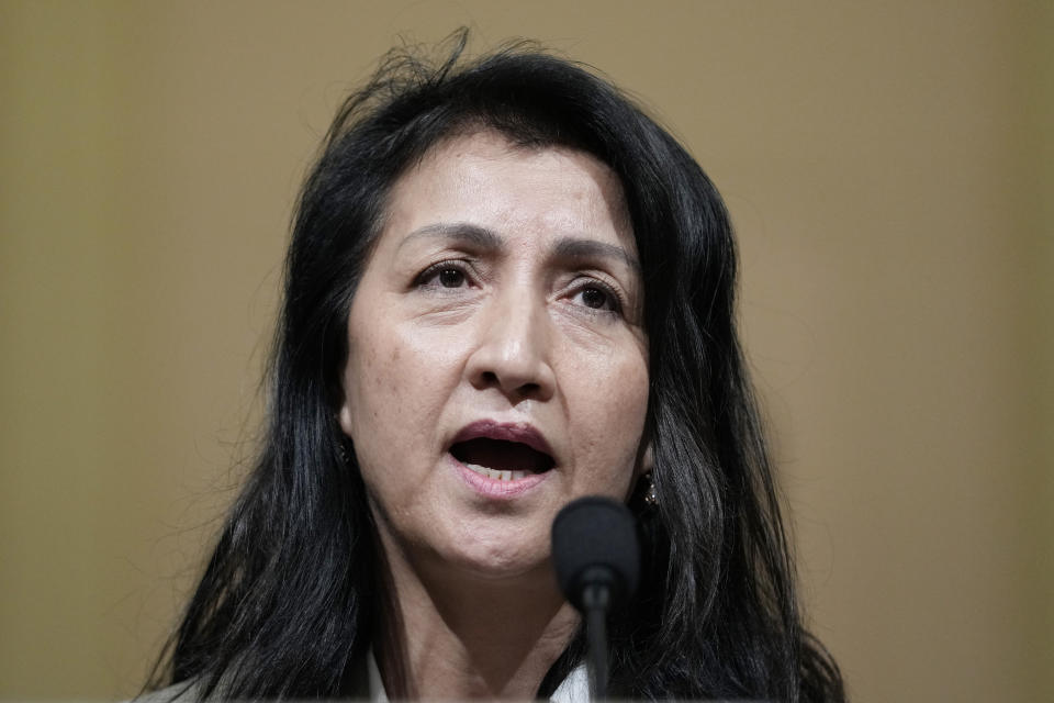 Gulbahar Haitiwaji, who wrote a book about the experience of being held in two “re-education” camps and police stations for more than two years and is a Uyghur, testifies during a special House committee hearing dedicated to countering China, Thursday, March 23, 2023, on Capitol Hill in Washington. This hearing is to focus on the Chinese government's treatment of its Uyghur population. (AP Photo/Carolyn Kaster)