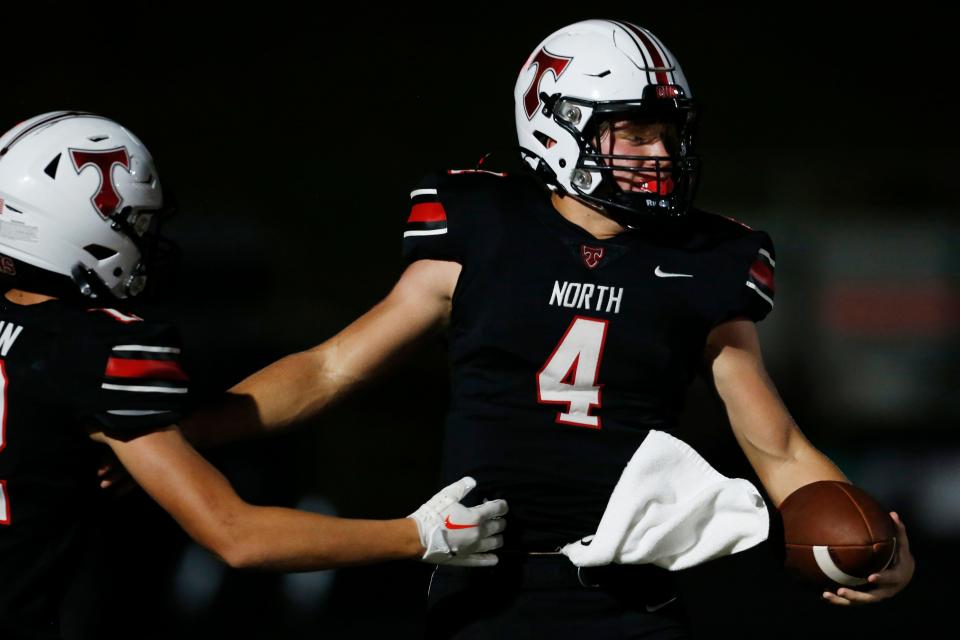 North Oconee's Max Wilson (4) celebrates after scoring a touchdown during a GHSA high school football game between Madison County and North Oconee in Bogart, Ga., on Friday, Sept. 16, 2022. North Oconee won 42-0.