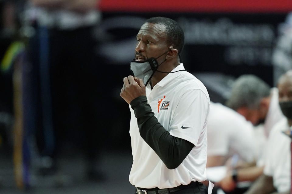 Detroit Pistons head coach Dwane Casey on the sideline during the first half of an NBA basketball game against the Denver Nuggets, Friday, May 14, 2021, in Detroit. (AP Photo/Carlos Osorio)