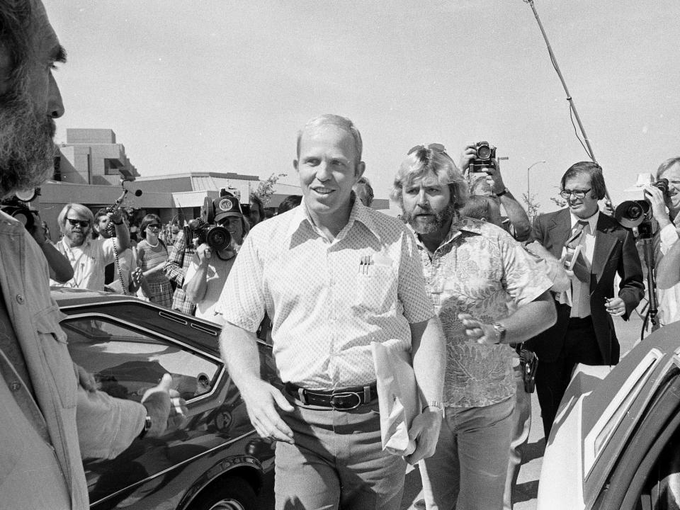 Allan Bakke is trailed by news and television reporters after attending his first day at the Medical School of the University of California at Davis