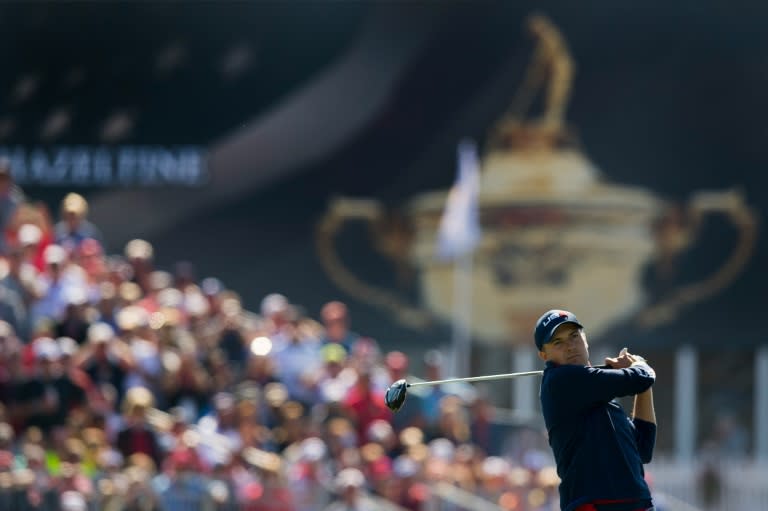 USA's Jordan Spieth tees off while playing the Saturday morning foursomes matches