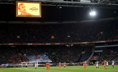 FILE PHOTO - Football Soccer - Netherlands v France - International Friendly - Amsterdam Arena, Amsterdam Netherlands - 25/03/16 A minute of silence in tribute to Johan Cruyff, who died on Thursday after a five-month battle with lung cancer. REUTERS/Toussaint Kluiters/United Photos