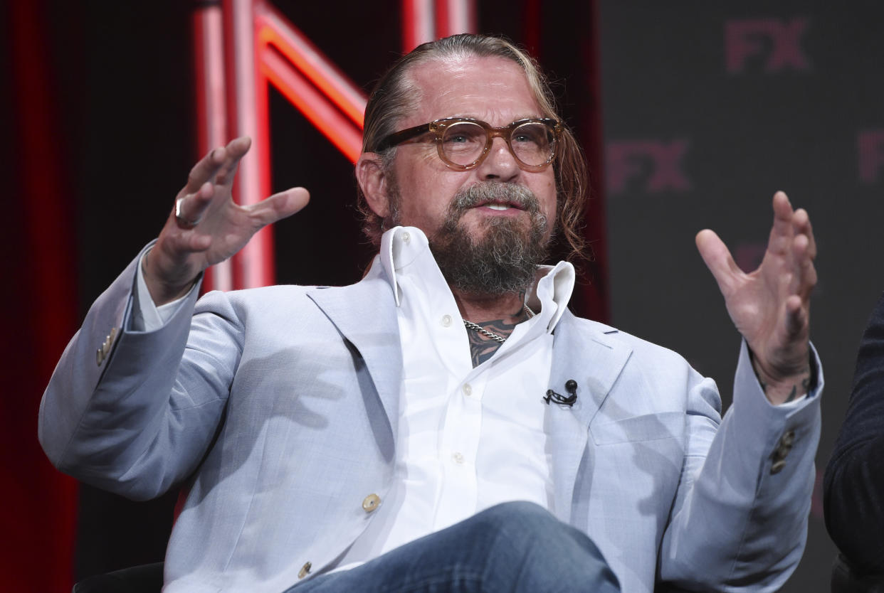 Kurt Sutter, the co-creator, executive producer and writer of the FX series "Mayans M.C.," takes part in a panel discussion during the 2019 Television Critics Association Summer Press Tour, Tuesday, Aug. 6, 2019, in Beverly Hills, Calif. (Photo by Chris Pizzello/Invision/AP)