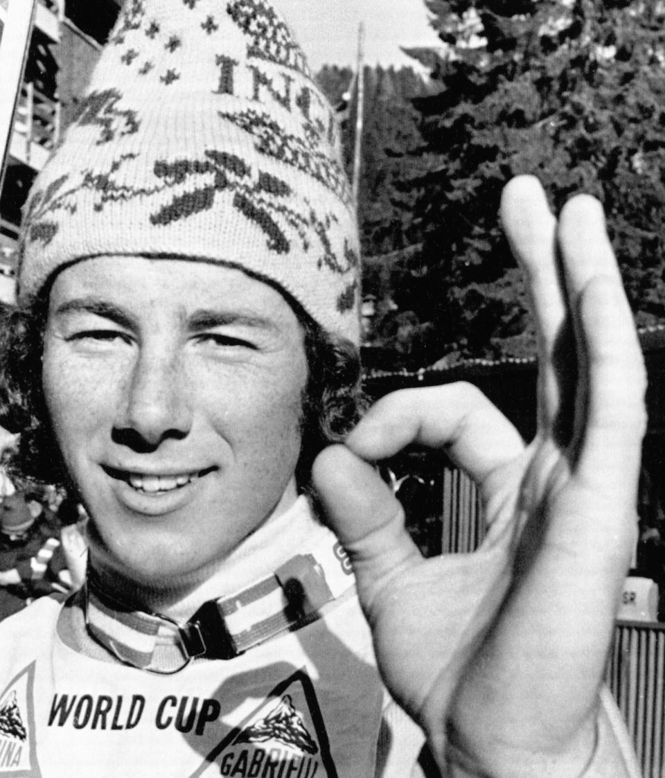 FILE - Ingemar Stenmark of Sweden signals that all is "OK" after after he had won the World Cup Slalom Special at Madonna Di Campiglio, Italy, on Dec. 17, 1974. Ingemar Stenmark's unbreakable skiing record just got matched by Mikaela Shiffrin. The American won a giant slalom on Friday, March 10, 2023, to equal the Swedish great's record of 86 World Cup victories, which he set more than three decades ago. (AP Photo/File)