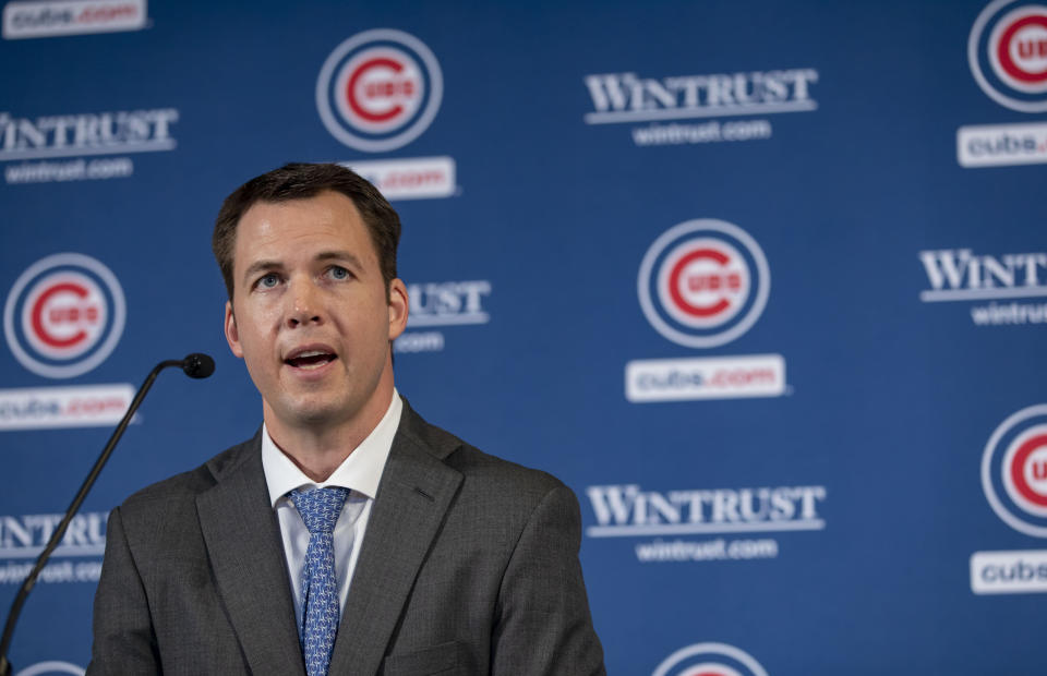 New Chicago Cubs general manager Carter Hawkins speaks after being introduced Monday, Oct. 18, 2021, outside Wrigley Field in Chicago. (Brian Cassella/Chicago Tribune)