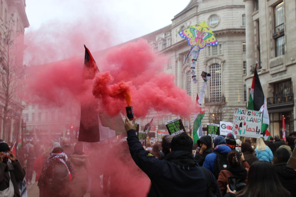 LONDON, UNITED KINGDOM - FEBRUARY 03: Thousands of people, holding banners and Palestinian flags, gather in front of the BBC in Portland Place and later held a march toward the Prime Minister's Office in Whitehall on February 03, 2024 in London, United Kingdom. Protesters on Saturday staged a massive rally in London to call for an immediate cease-fire in Gaza where more than 27,000 people have been killed in Israeli attacks since Oct. 7. (Photo by Burak Bir/Anadolu via Getty Images)