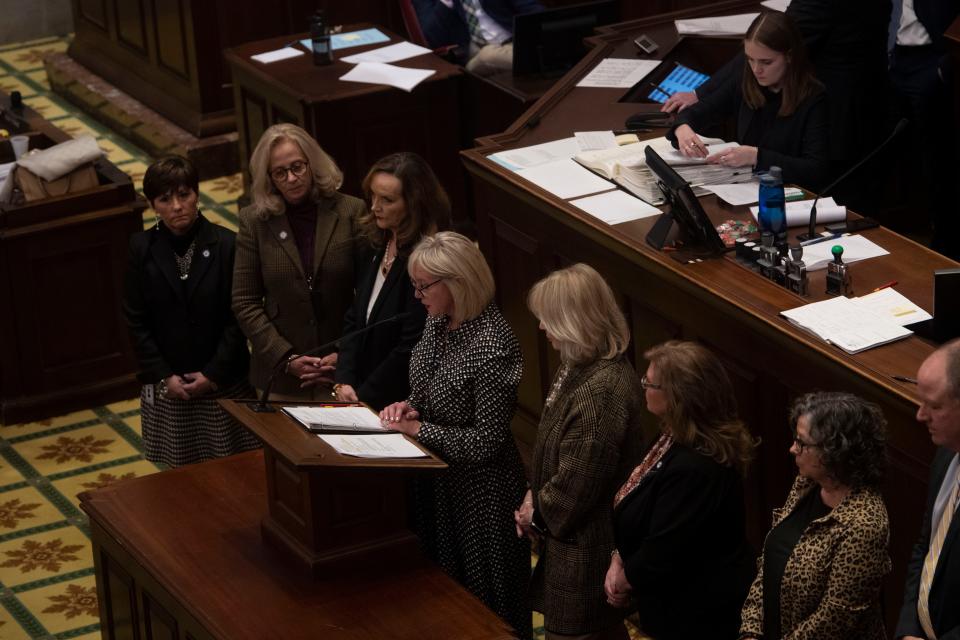 Rep. Esther Helton-Haynes, R-East Ridge, presents HB 883 during a House session at the Tennessee state Capitol in Nashville, Tenn., Monday, March 20, 2023. The House passed the legislation, which adds exceptions to the state's strict abortion ban.