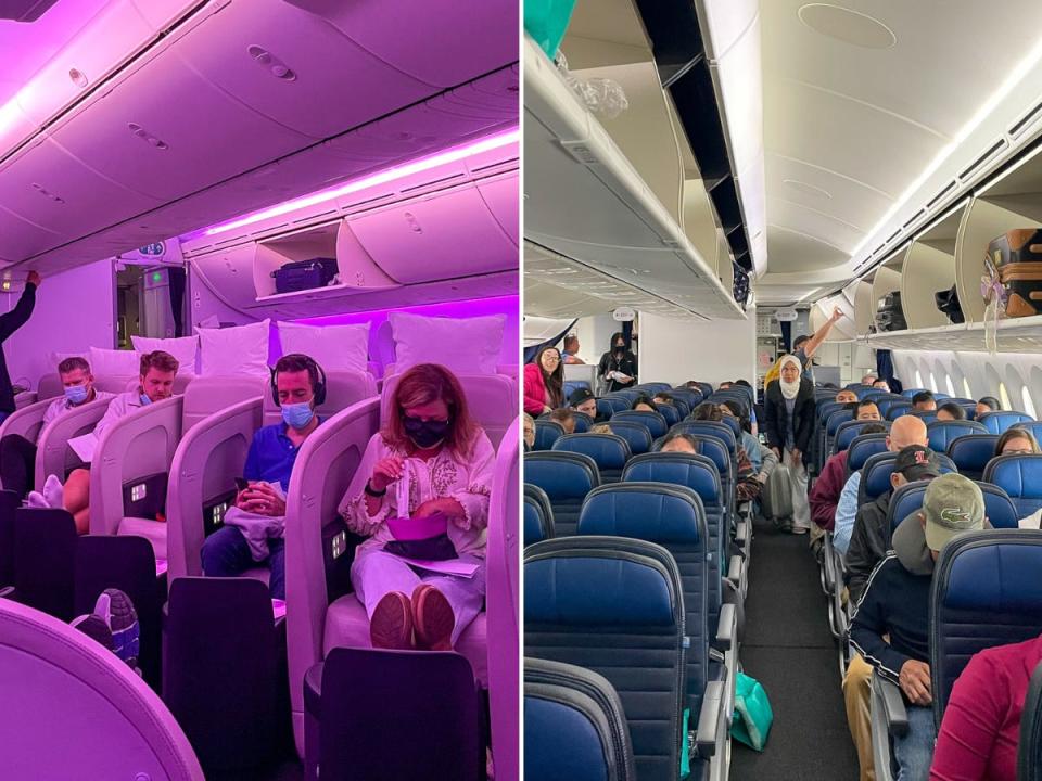 Side-by-side images of a Air New Zealand's business-class cabin and United's economy cabin.