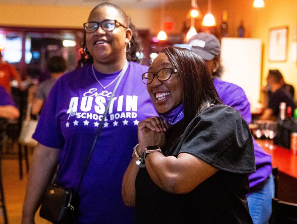 Erica Austin, right, along with her cousin Rena Naudain, left, reacts as she watches the early numbers come in for her election bid for Subdistrict 6 of the Springfield School Board in the consolidated election at a small get together of supporters at It's All About Wine in Springfield, Ill., Tuesday, April 6, 2021.