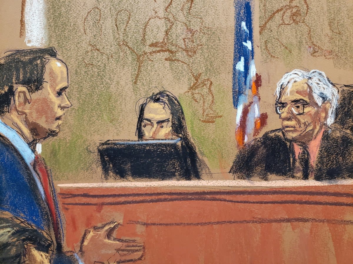 A courtroom sketch depicts Donald Trump’s attorney Christopher Kise, left, speaking to New York Judge Arthur Engoron on 3 November (REUTERS)