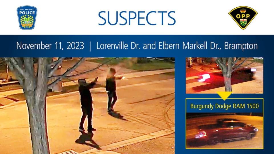 Peel Regional Police released pictures of two suspects and a vehicle associated with a shooting in Brampton near Lorenville and Elbern Markell drives on Nov. 11, 2023.