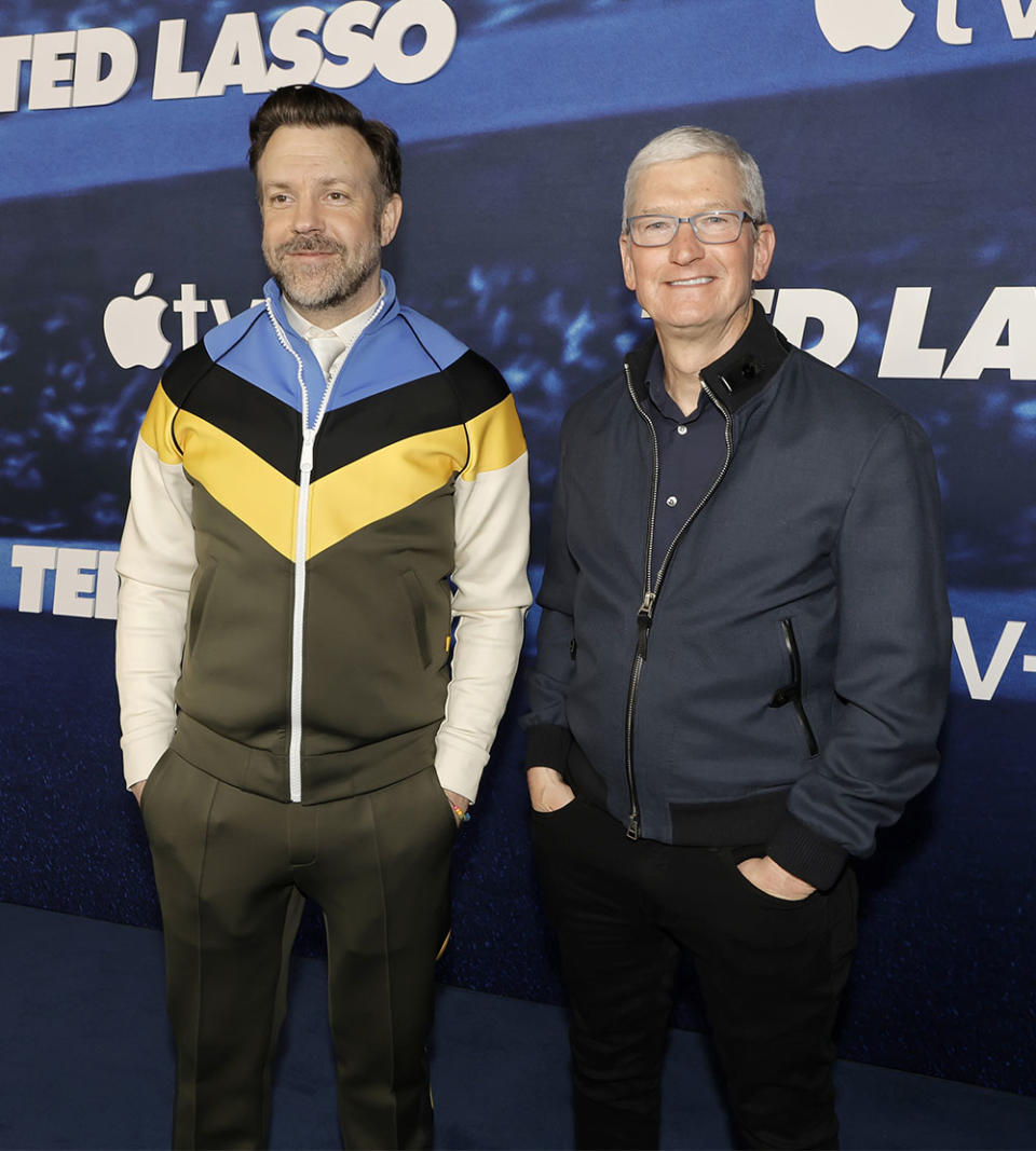Jason Sudeikis and Tim Cook attend Apple Original Series Ted Lasso Season 3 Red Carpet Premiere Event at Westwood Village Theater on March 07, 2023 in Los Angeles, California.