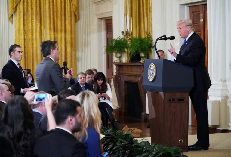 US President Donald Trump gets into a heated exchange with CNN chief White House correspondent Jim Acosta during a post-election press conference in the White House, an exchange that led to Acosta's ban by the administration