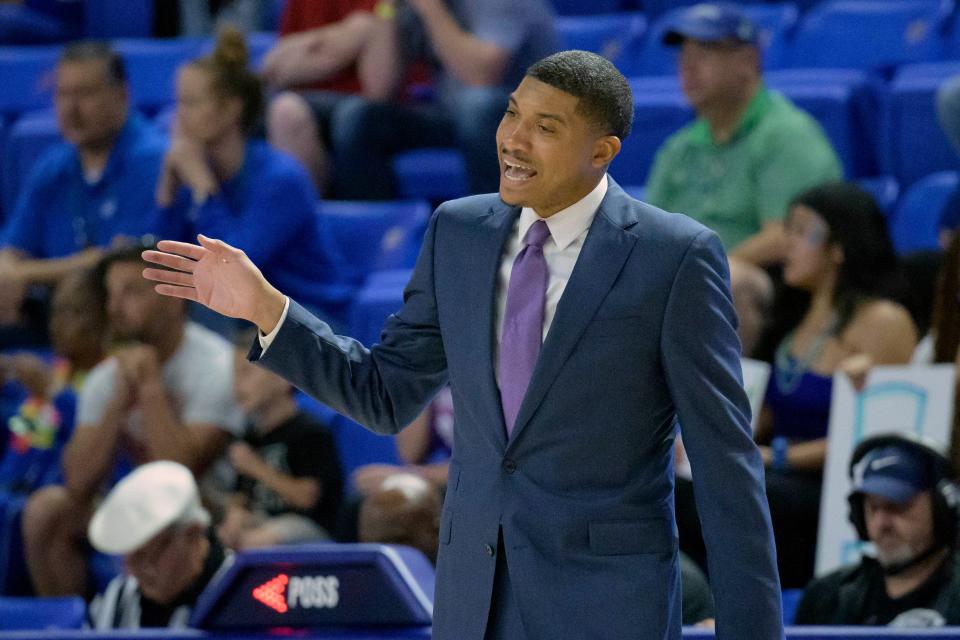 Northwestern State head coach Corey Gipson reacts during the first half an NCAA college basketball game in the finals of the Southland Conference men's tournament against Texas A&M Corpus Christi in Lake Charles, La., Wednesday, March 8, 2023. (AP Photo/Matthew Hinton)