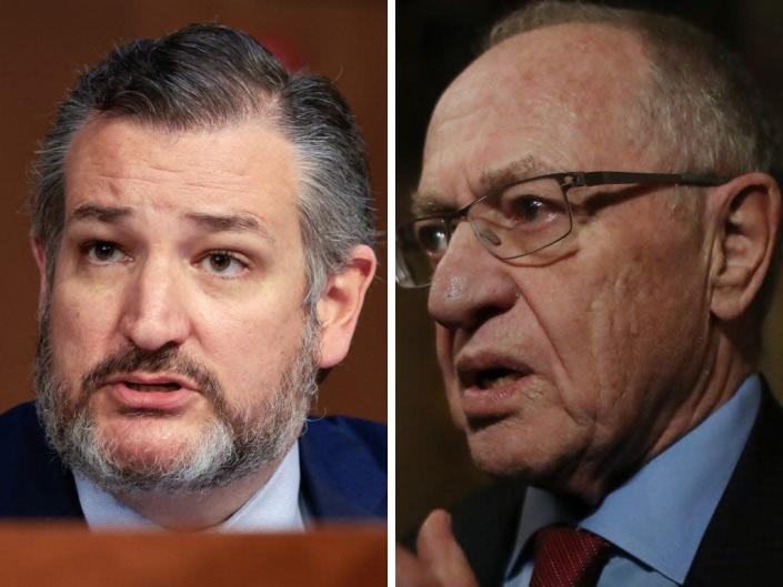 A composite image of Texas Sen. Ted Cruz (L) and lawyer Alan Dershowitz (R)