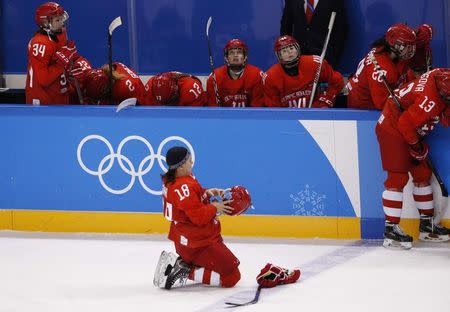 Ice Hockey - Pyeongchang 2018 Winter Olympics - Women's Bronze Medal Match - Finland v Olympic Athletes from Russia - Kwandong Hockey Centre, Gangneung, South Korea - February 21, 2018 - Olympic Athlete from Russia Olga Sosina reacts. REUTERS/Kim Kyung-Hoon