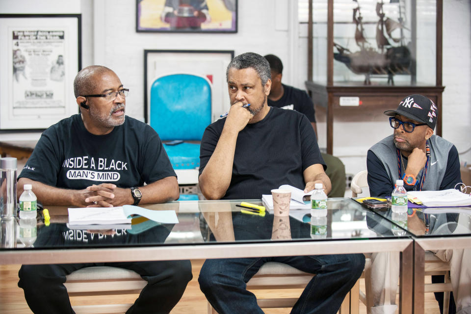 The real Ron Stallworth, co-writer Kevin Willmott and Spike Lee on the set of <em>BlacKkKlansman</em> (Photo: David Lee/Focus Features)