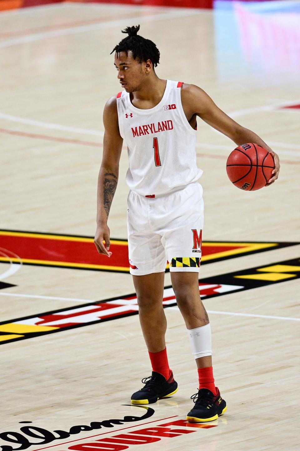 Feb 17, 2021; College Park, Maryland, USA;  Maryland Terrapins forward James Graham III (1) dribbles during the second half against the Nebraska Cornhuskers at Xfinity Center. Mandatory Credit: Tommy Gilligan-USA TODAY Sports