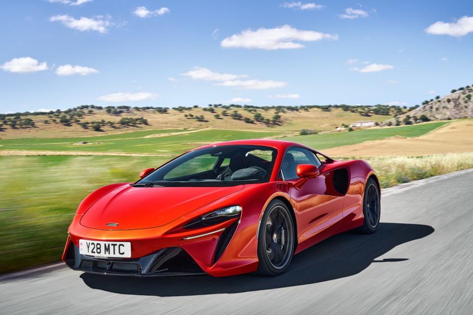 <p>The McLaren Artura carries on the gasoline-electric tradition of the brand's gone-but-not-forgotten P1 supercar. With 671 horsepower, this mid-engine machine is capable of rocketing to a top speed of 205 mph, while also driving up to 11 miles on battery-power alone.</p><ul><li>Base price: $237,500</li><li>EPA-estimated electric driving range: 11 miles</li></ul><p><a class="link " href="https://www.caranddriver.com/mclaren/artura" rel="nofollow noopener" target="_blank" data-ylk="slk:MORE ABOUT THE MCLAREN ARTURA;elm:context_link;itc:0;sec:content-canvas">MORE ABOUT THE MCLAREN ARTURA</a></p>