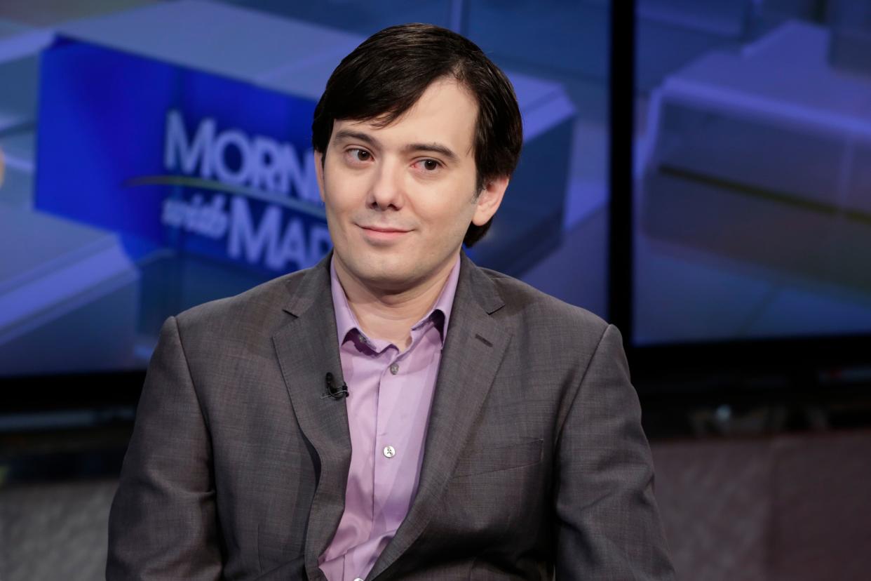 Martin Shkreli is interviewed by Maria Bartiromo during her "Mornings with Maria Bartiromo" program on the Fox Business Network, in New York, Aug. 15, 2017. 