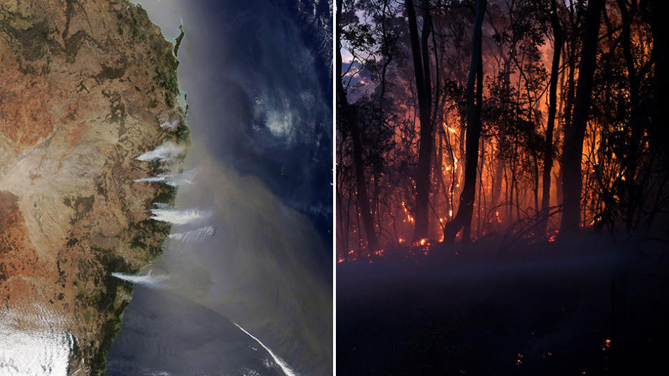 Satellite image shows the bushfires are visible from space and a picture of the bushfire close to homes on Railway Parade in Woodford NSW, Friday, November 8, 2019.