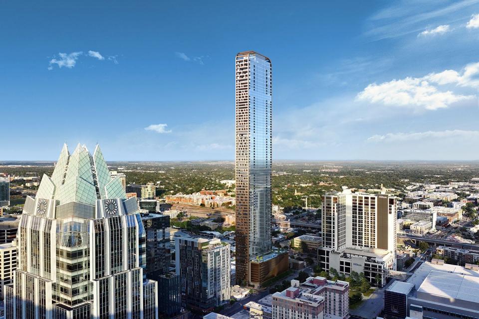 An artist's rendering shows Wilson Tower, a proposed 80-story, 1,035-foot residential project proposed for downtown Austin. The tower, designed by HKS Inc., could become the tallest in Texas if built as proposed.