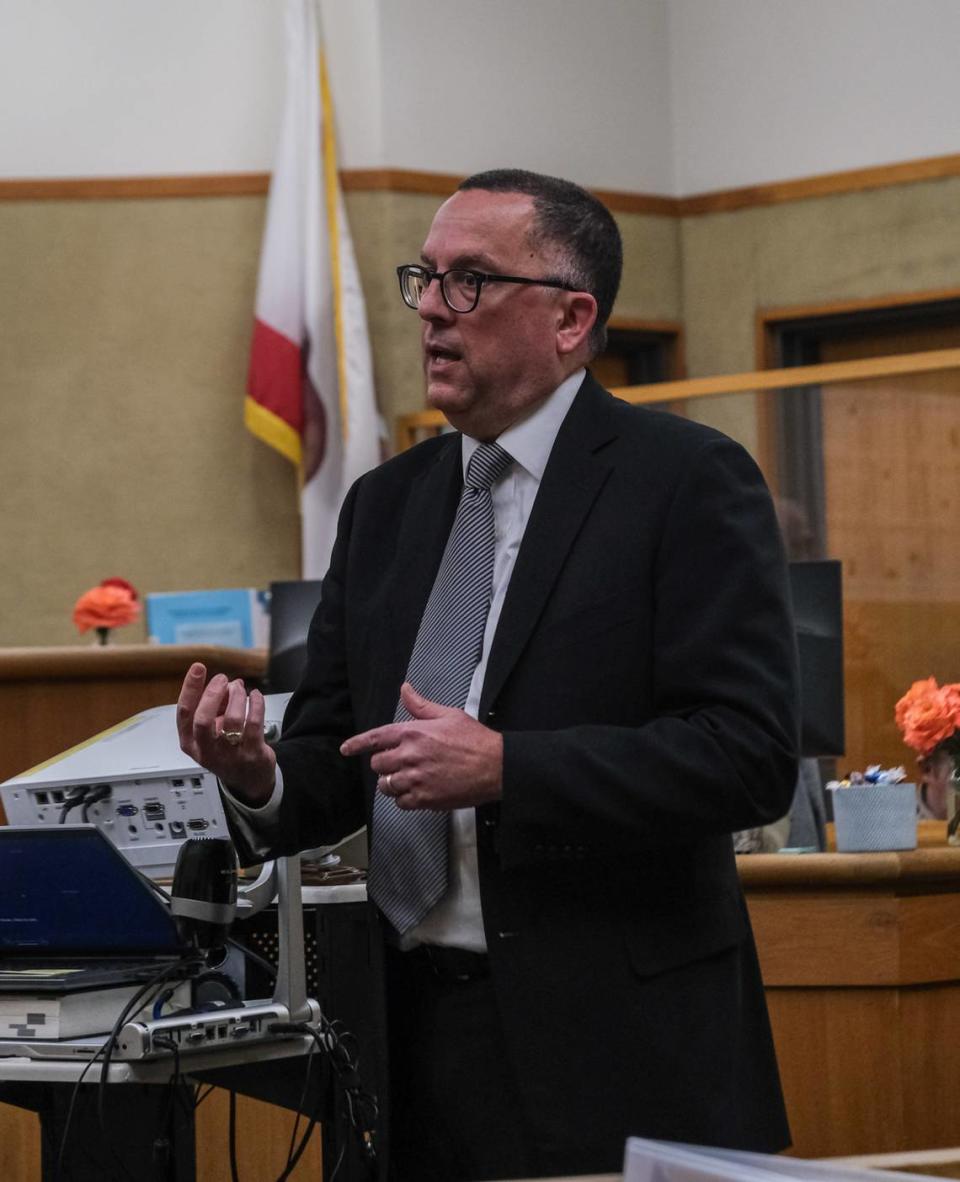 San Luis Obispo County Deputy District Attorney Greg Dewitt gives opening statements in the murder trial against Brandi Turner in San Luis Obispo Superior Court on Jan. 8, 2024. Turner is accused of selling fentanyl to Quinn Hall, who died of an overdose on Oct. 26, 2022.