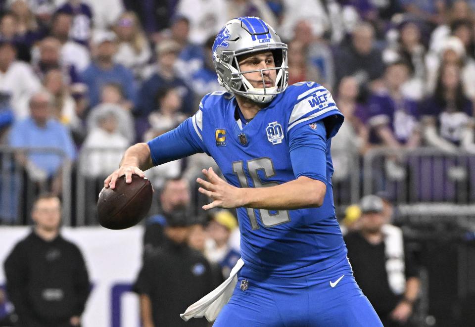 Lions quarterback Jared Goff attempts a pass against the Vikings during the second quarter on Sunday, Dec. 24, 2023, in Minneapolis.